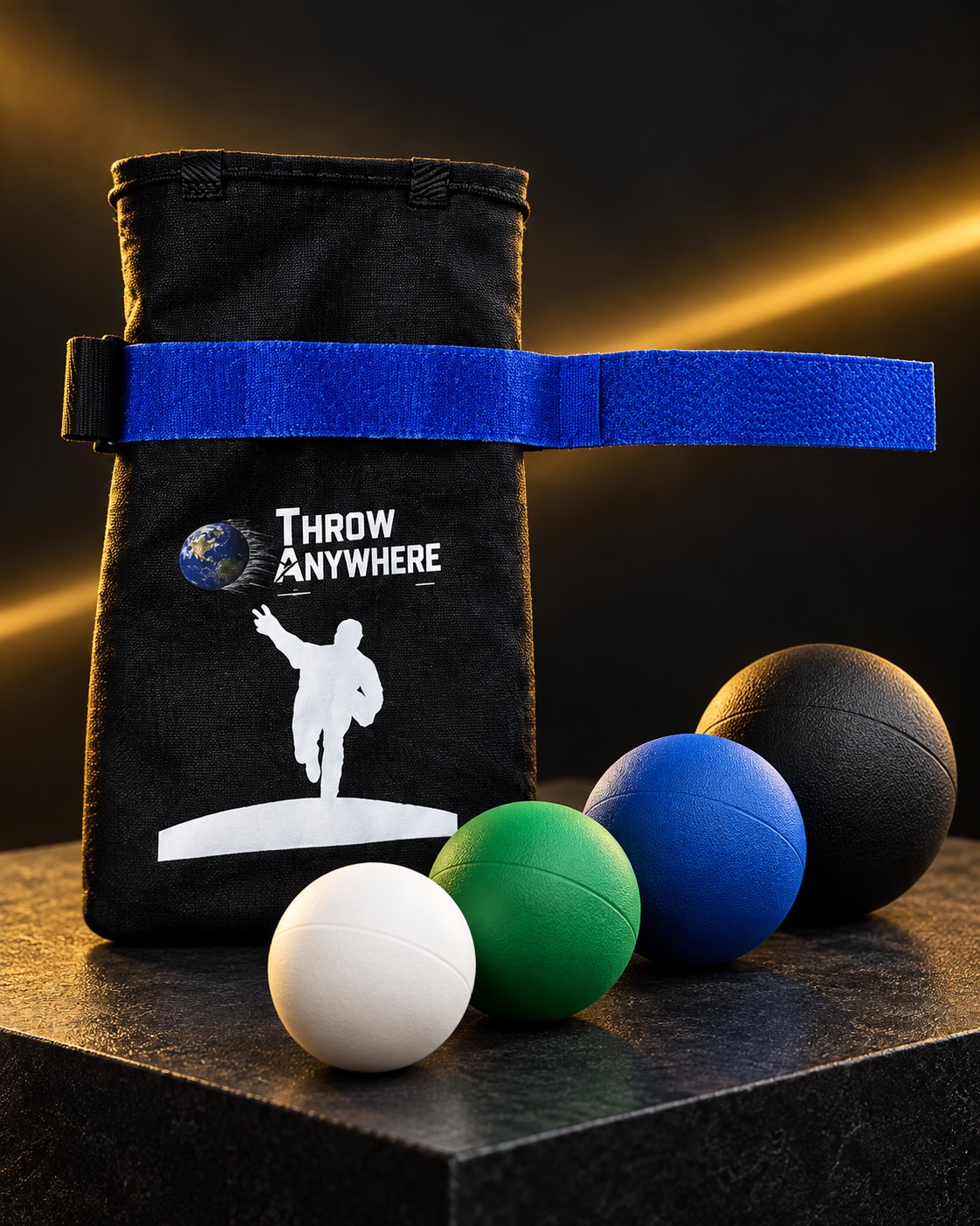 Throw Anywhere training sleeve with white, green, blue, and black weighted plyo balls